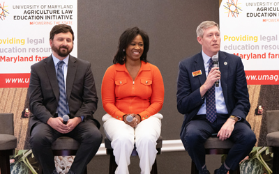 (l-r) Joshua Kurtz, Secretary of Natural Resources; Serena McIlwain, Secretary of the Environment; and Kevin Atticks, Secretary of Agriculture, were keynote panelists at the Ninth Annual University of Maryland Agricultural and Environmental Law Conference hosted by ALEI, an MPower initiative.