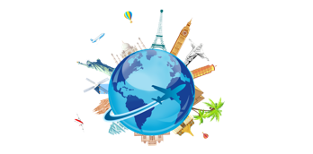 Illustration of a globe with various international landmarks such as the Eiffel Tower, Big Ben and the Statue of Liberty.