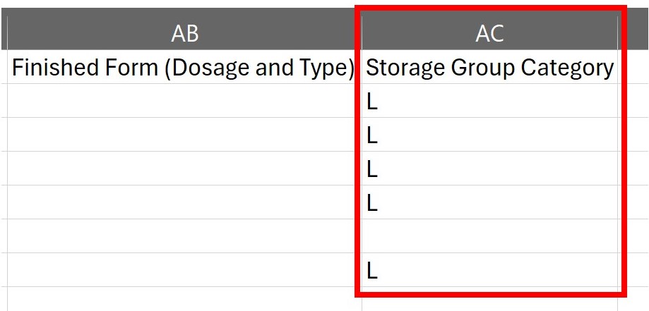 Column AC in the downloaded inventory lists the storage group category