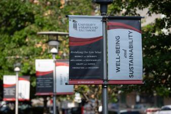 Banners outside with the core values