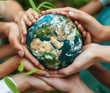 Hands surrounding a globe