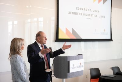 Jennifer and Edward St. John during the ceremony announcing the $10 gift to launch the Center for Translational Engineering and Medicine.