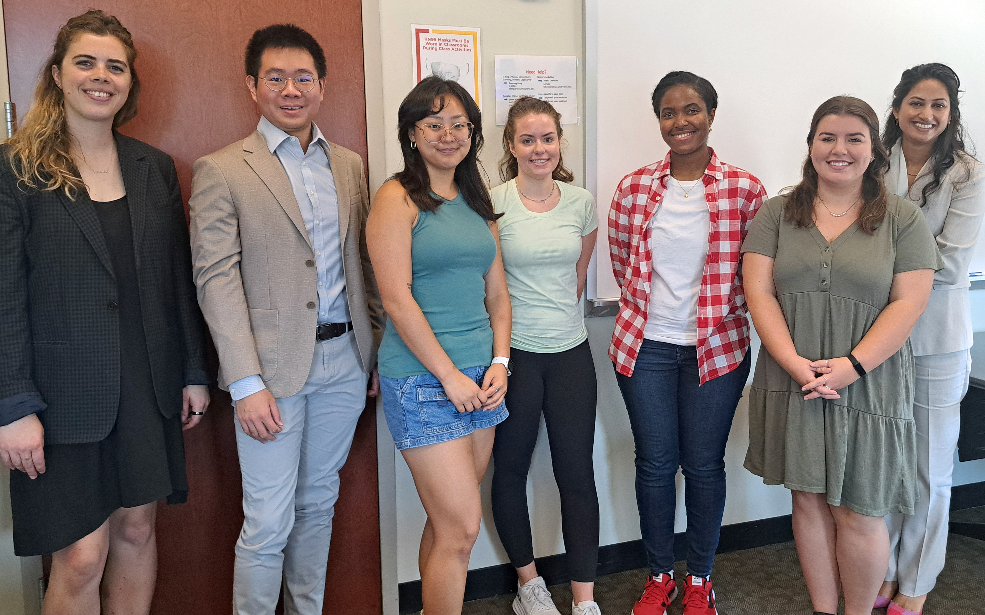 Professors Molly Ryan (far left) and Maneka Sinha (far right)  are shown with the first cohort of Forensic Defense Clinic students at Maryland Carey Law.