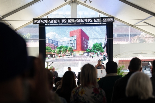 A capacity crowd listens to the Rev. Karen Brown of Maryland Family Network during the University of Maryland School of Social Work building groundbreaking on Thursday, Oct. 17, 2024.