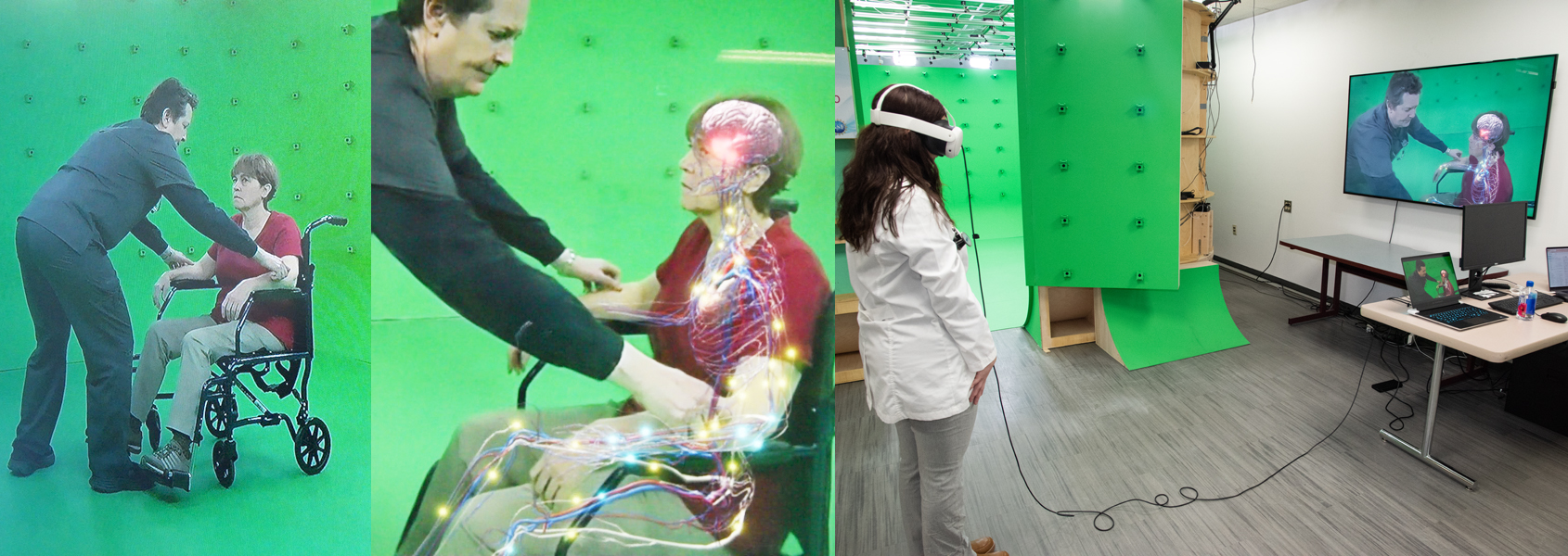 (Above) Dr. Hendrix examines patient in Holocamera studio, examination with animated overlay, student Ashlee Leshinski watches virtually (Below) Computer rendering of the Holocamera studio, a virtual subject in the studio, cameras line the walls of the Holocamera studio