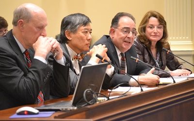 (l-r) Bruce Jarrell (UMB), Wallace Loh (UMCP), Jay Perman (UMB), Mary Ann Rankin (UMCP)