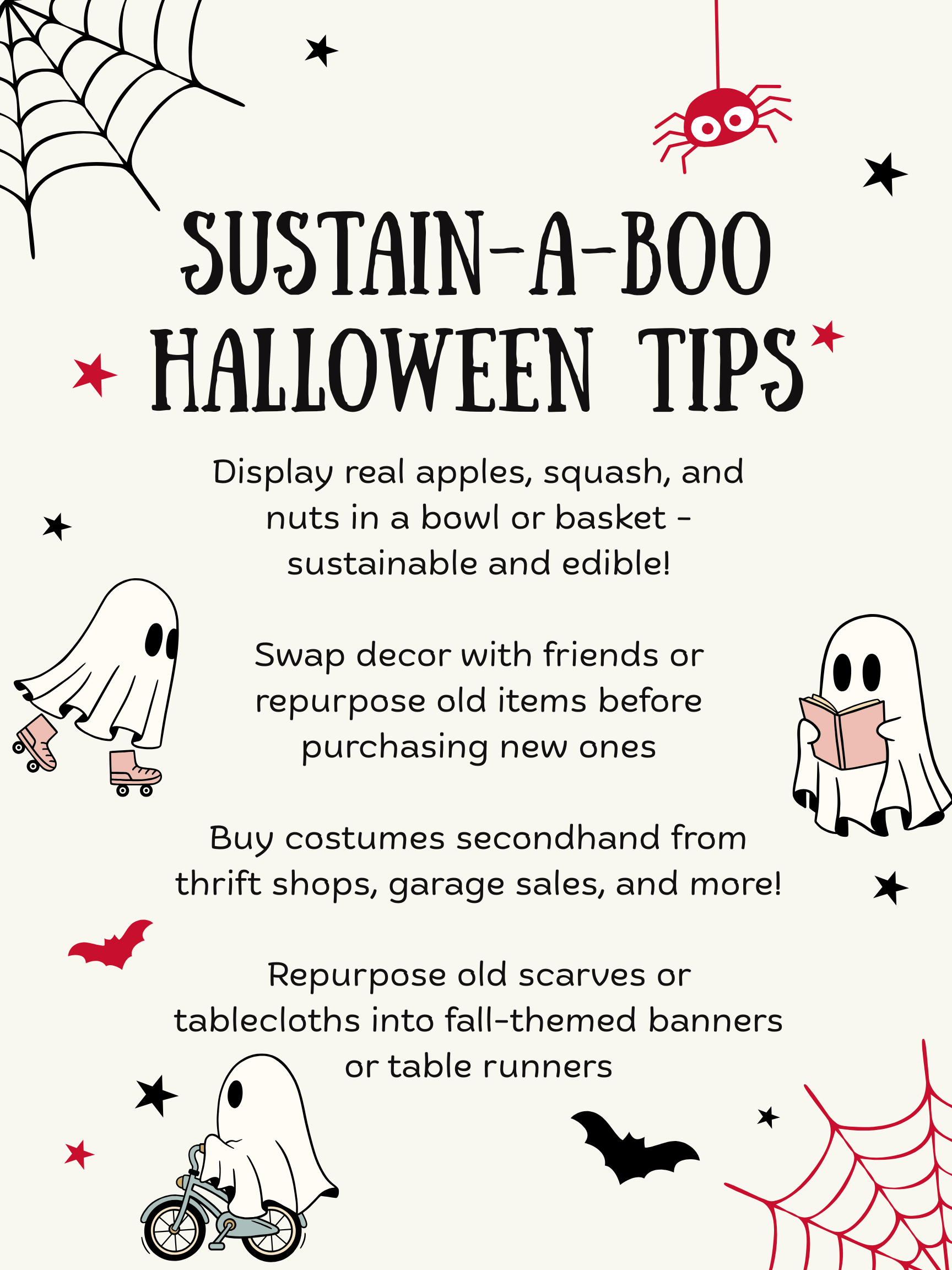 Sustainable Halloween tips include displaying real apples, squash, and nuts in a bowl/basket for décor that is both sustainable and edible. You can swap decorations with friends or repurpose old items before purchasing new ones. Consider buying costumes secondhand from thrift shops and other sources to reduce waste. Additionally, consider repurposing old scarves or tablecloths into fall banners.