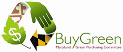 A stylized recycling symbol with a hand, leaf, and dollar sign with the Maryland Green Purchasing Committee's slogan of BuyGreen