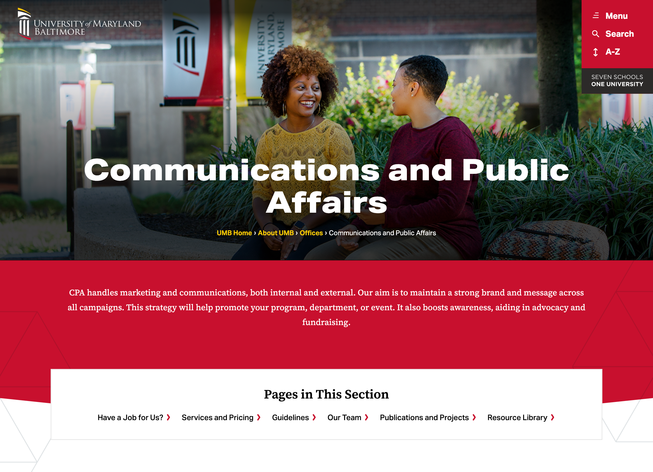 Screenshot of the Communications and Public Affairs homepage, with a branch banner image and introductory text